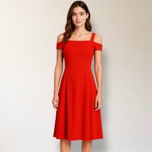 Vince‎ Camuto 14 Red Cold Shoulder Dress Fit Flare Holiday Wedding Guest Party